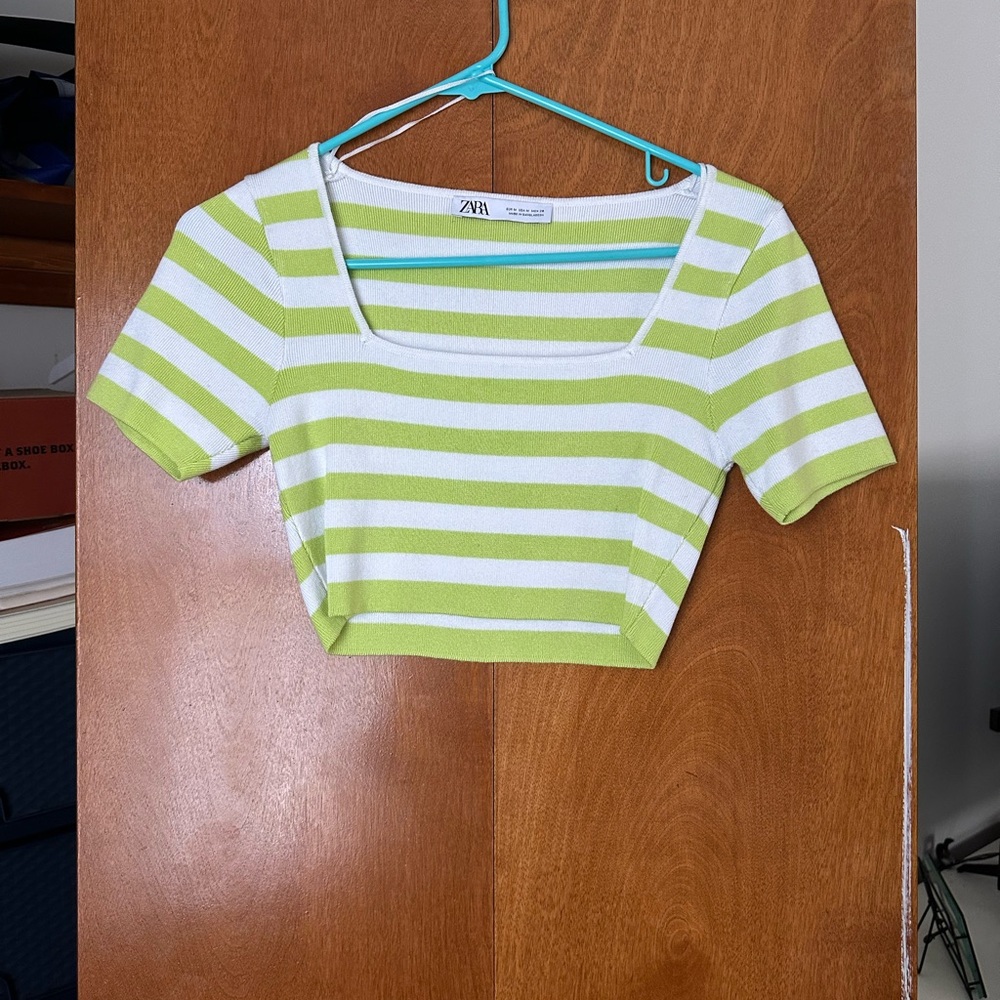 Zara Lime Green and White Striped Short Sleeve Top